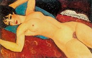Nu &eacute;tendu coussin rouge -Modigliani