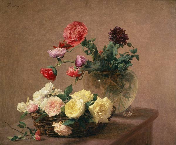 Pivoines dans un vase de cristal ou panier de roses - Fantin Latour