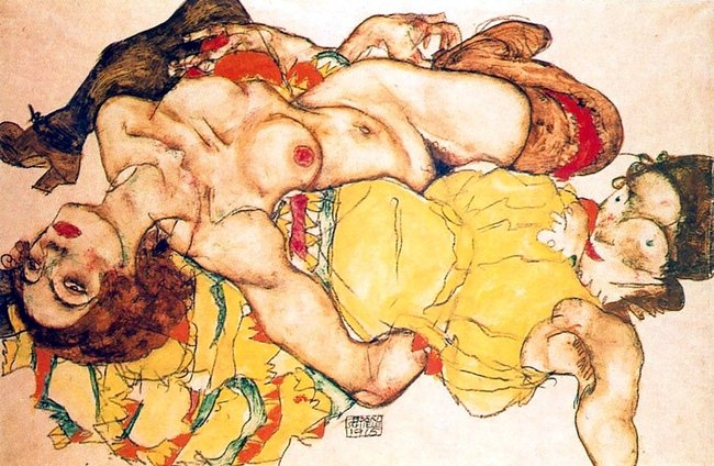 Deux filles allongées , enlacées - Egon Schiele