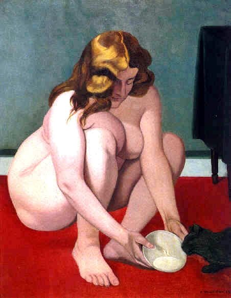 Femme offrant du lait au chat - 1919