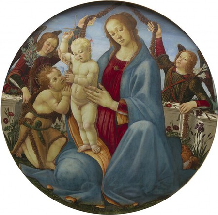 Vierge &agrave; l�Enfant avec saint Jean-Baptiste enfant et deux anges Jacopo di Arcangelo, dit Jacopo del Sellaio, (Florence, 1441 � 1493) Vers 1490 Tempera et or sur panneau 109 cm (diam&egrave;tre) Collection Alana, Newark, DE, &Eacute;tats-Unis