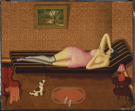 Sieste estivale Sous-titre : Femme couchée Dominique Peyronnet 1933 Huile et collage sur toile 50 x 61 cm