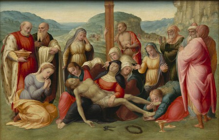 Francesco Granacci (Villamagna 1469 � Florence 1543), Lamentation sur le Christ mort avec saint Jean-Baptiste et des fid&egrave;les, Huile sur panneau, 70,5 x 109,8 cm, Collection Alana, Newark, DE, &Eacute;tats-Unis,
