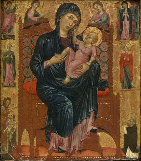 Vierge &agrave; l�Enfant en majest&eacute; avec deux figures aur&eacute;ol&eacute;es ; l�Annonciation ; deux saintes couronn&eacute;es (deux vierges martyres de sainte Ursule ?) ; le Bapt&ecirc;me du Christ ; saint Dominique ou Fra Gherardo ?  Ma&icirc;tre de la Madeleine (Filippo di Jacopo ?) (Florence, actif vers 1265 � 1290)  Vers 1285-1290 Tempera et or sur bois 36,8 x 31,8 cm Collection Alana, Newark, DE, &Eacute;tats-Unis
