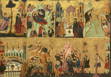 Huit sc&egrave;nes de la vie du Christ: l�Annonciation, la Nativit&eacute; et l�Adoration des Mages; la Pr&eacute;sentation au Temple; le Bapt&ecirc;me; la C&egrave;ne; l�Agonie au Jardin des Oliviers; l�Arrestation; la Flagellation  Peintre romain du XIIIe si&egrave;cle (Troisi&egrave;me quart du XIIIe si&egrave;cle) Tempera sur panneau 60,33 x 84,46 cm Coll. Mus&eacute;e d'Art Na&iuml;f et d'Arts Singuliers, Laval Clich&eacute; Ville de Laval Collection Alana, Newark, DE, &Eacute;tats-Unis
