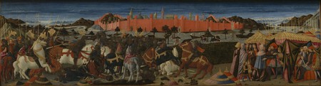 L�Histoire de Coriolan (face avant d�un cassone) Giovanni di ser Giovanni Guidi, dit Lo Scheggia (1406 � 1486) Tempera et or sur panneau 42,8 x 155,2 cm Collection Alana, Newark, DE, &Eacute;tats-Unis