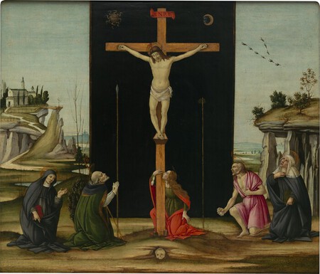 Le Christ sur la Croix ador&eacute; par sainte Monique, saint Augustin, sainte Marie-Madeleine, saint J&eacute;r&ocirc;me et sainte Brigitte de Su&egrave;de  Alessandro Fillipepi, dit Sandro Botticelli (1445 � 1510) Huile sur panneau 76,2 x 91,4 cm Collection Alana, Newark, DE, &Eacute;tats-Unis