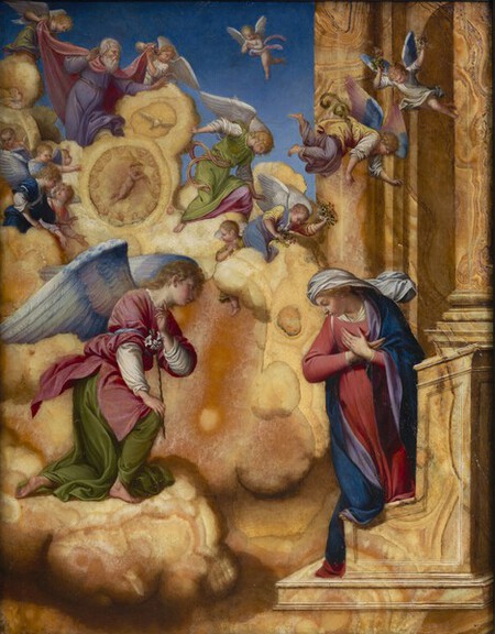 L�Annonciation  Orazio Gentileschi (1562 � 1639-1647) Huile sur alb&acirc;tre 62 x 51 cm avec cadre Collection Alana, Newark, DE, &Eacute;tats-Unis