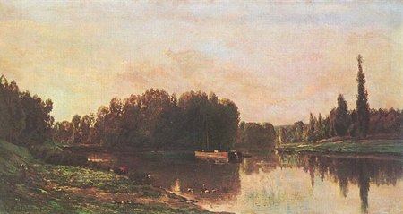 La Confluence de la Seine et de l'Oise (1868), huile sur toile, 87 x 157 cm, mus&eacute;e des beaux-arts de Budapest