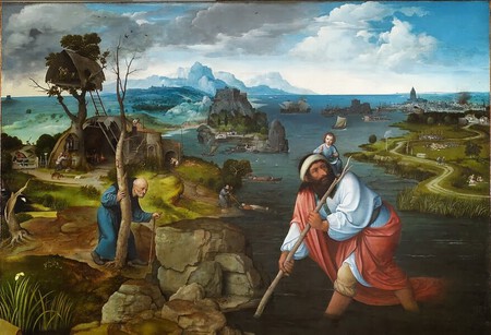 Paysage avec Saint Christophe traversant la rivi&egrave;re (v.1520). Huile sur bois 125 x 170 cm, Escorial - Madrid