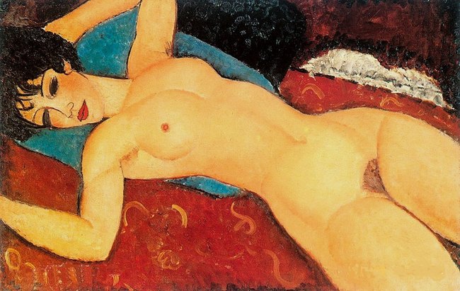 Nu &eacute;tendu coussin rouge -Modigliani