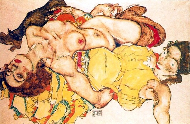 Deux filles allong&eacute;es , enlac&eacute;es - Egon Schiele