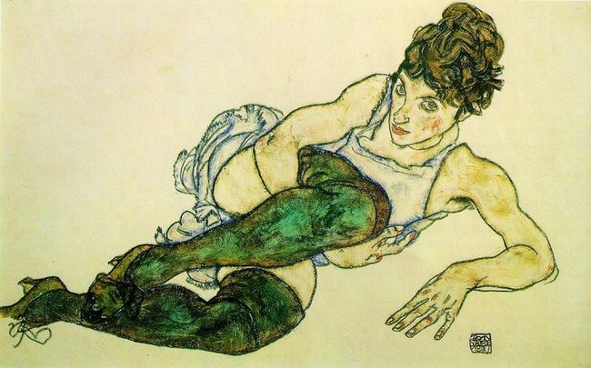 Femme allong&eacute;e aux bas verts -Egon Schiele
