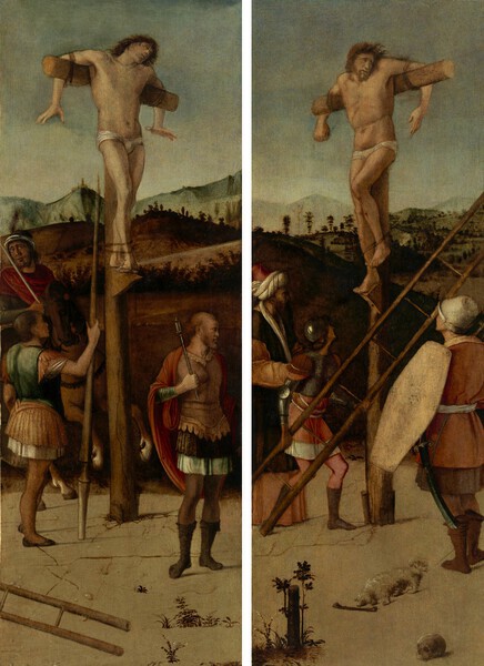 Les deux larrons Disma et Gesta  Giovanni Bellini (Documenté à partir de 1459  mort en 1516)  Vers 1475 Tempera sur panneau 79,4 x 29,3 cm; 79,1 x 29,4 cm  Collection Alana, Newark, DE, États-Unis
