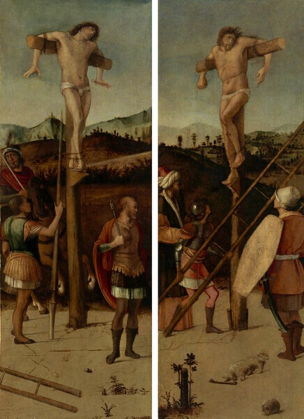 Les deux larrons Disma et Gesta  Giovanni Bellini (Document&eacute; &agrave; partir de 1459 � mort en 1516)  Vers 1475 Tempera sur panneau 79,4 x 29,3 cm; 79,1 x 29,4 cm  Collection Alana, Newark, DE, &Eacute;tats-Unis