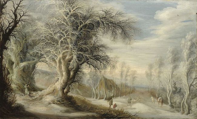 Paysage d'hiver avec bûcheron et voyageurs - Gijsbrecht Leystens