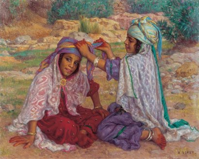 Jeune fille nouant le turban de son amie - Etienne Dinet