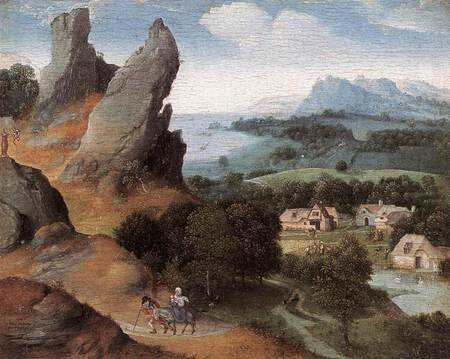 Patinir. La fuite en Egypte (v. 1515). Huile sur bois, 17 &times; 21 cm, Koninklijk Museum voor Schone Kunsten, Anvers