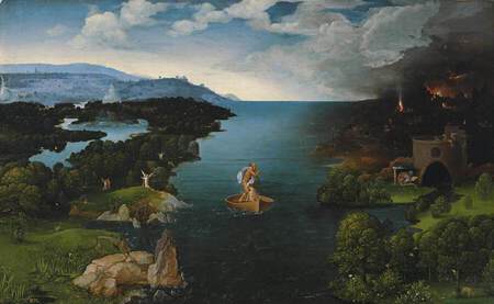 Patinir. La travers&eacute;e du Styx (1515-24). Huile sur bois, 64 &times; 103 cm, Mus&eacute;e du Prado, Madrid.