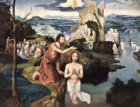 Patinir. Le baptême du Christ (v. 1515). Huile sur bois, 59,5 × 77 cm, Kunsthistorisches Museum, Vienne