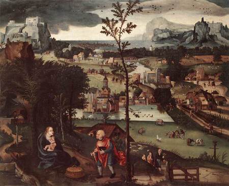 Patinir. Saint Christophe portant l'enfant J&eacute;sus (1515-24). Huile sur bois, 48 &times; 59,5 cm, Rockox House, Anvers