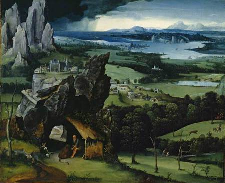 Joachim Patinir. Paysage avec saint J&eacute;r&ocirc;me (1515-19) Huile sur bois, 74 &times; 91 cm, Mus&eacute;e du Prado, Madrid.